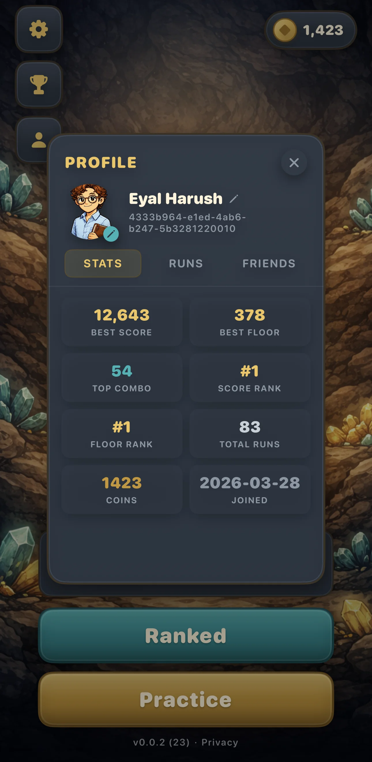 The profile panel: stats tab with avatar, nickname, and global rankings